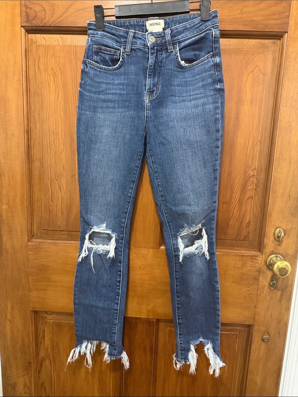 L'AGENCE Medium Blue Distressed High-Rise Cropped Jeans